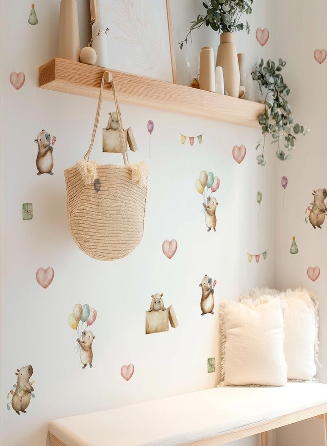 ملصقات جدارية من Alwayspon، 26 ملصقًا بتصميم حيوان الكابيبارا اللطيف، بالون وردي، ملصقات جدارية سهلة اللصق والإزالة لتزيين جدران غرف المعيشة، غرف الأطفال، غرف النوم - Image 2